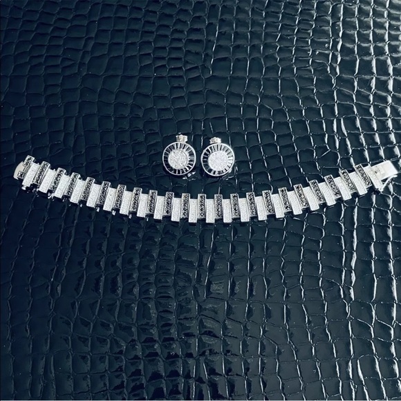 Black & White CZ Sterling Tennis Bracelet & Stud Earrings Geometrical S… - Picture 3 of 12